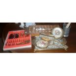 Collection of china thimbles, a dressing table brush set and some cutlery