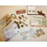 Banknotes, coins, cufflinks, toy soldiers and WW1 Royal Artillery ball buttons