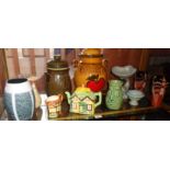 Cottage ware tea pot, German retro vase, two Rumtopf jars and other pottery