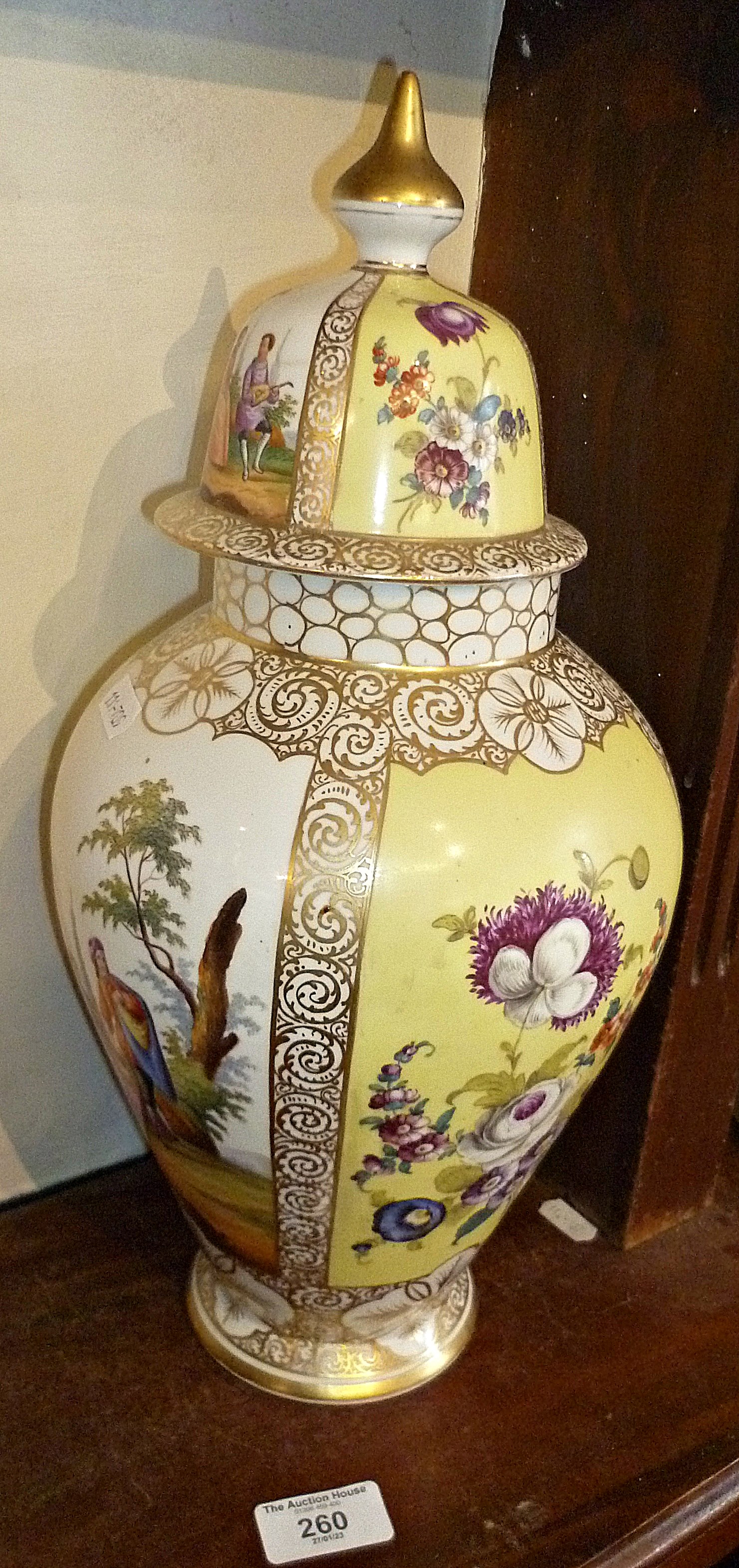 Tall Continental hand painted porcelain vase and cover (A/F)