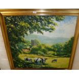 Large acrylic on board of a rural scene with cows and church in landscape, signed P.A. Adams