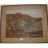 Oil on board of a coal mine landscape by Canadian artist Lily Arrants, in original 1960s frame