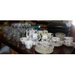 Hammersley china 'Violets' tea set and assorted wine glasses, some etched