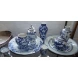 Assorted Chinese blue and white porcelain, inc. two large chargers, tea pot, vases and bowls (A/F)