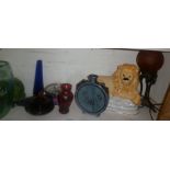 Assorted pottery and glass including moonflask, pottery lion figure and table lamps