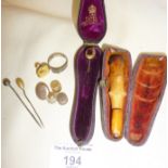 Yellow metal antique cased stick pin, studs, cased Meerschaum cigar holder, and other jewellery