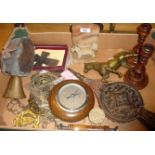 Old cow or goat's bell on leather strap, cold cast bronze terrier book end, horse brasses, etc.