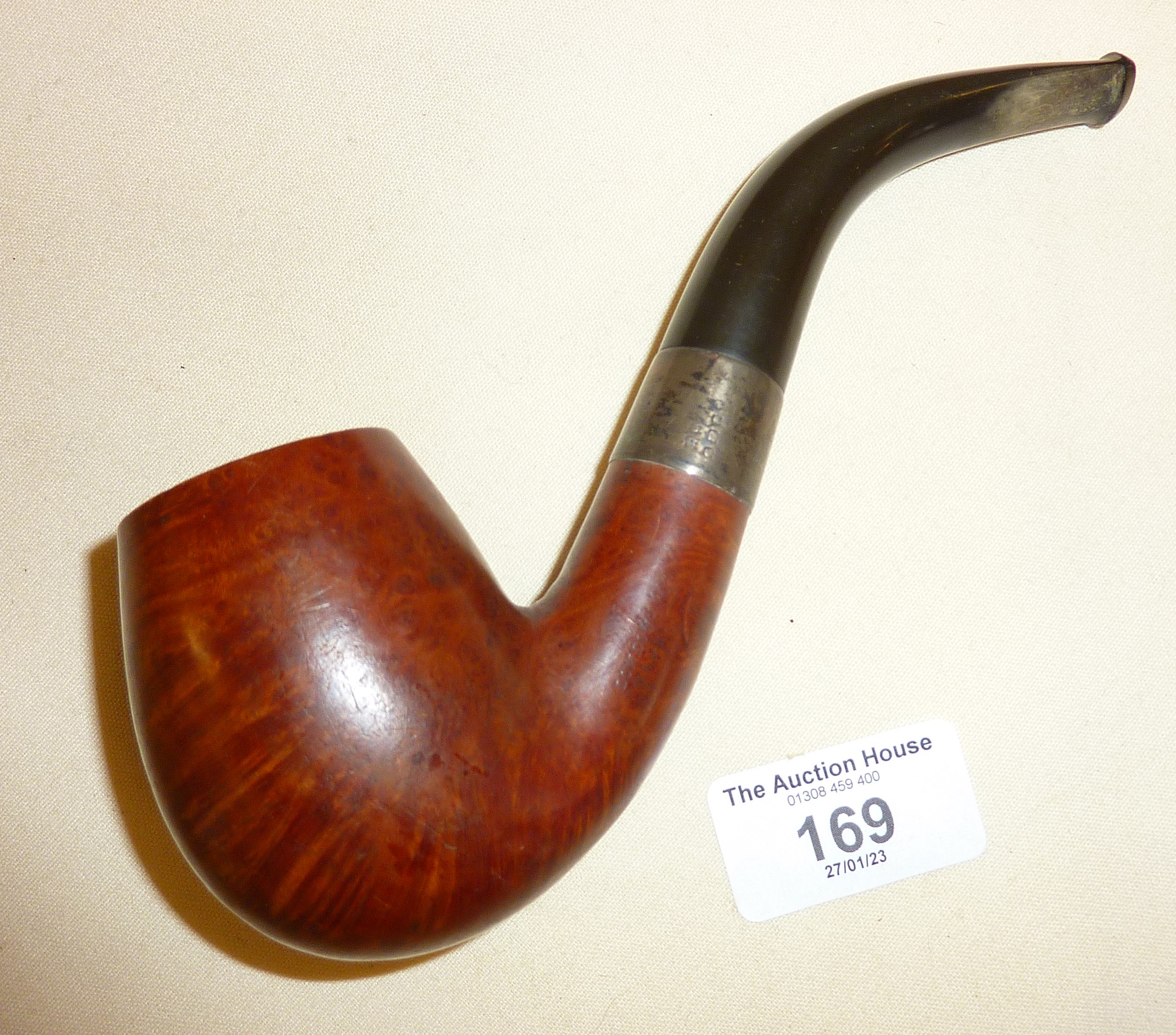 Large vintage smoking pipe with hallmarked silver band, stamped as LONDON MADE