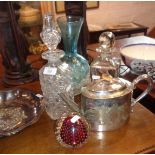 Two glass decanters, paperweight, silver plated tea pot and bowl, etc.