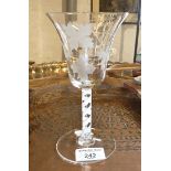 Wine glass with etched bowl and air twist stem, pontil mark, 7" tall