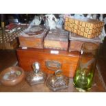 Five various wooden boxes, three glass items and coins