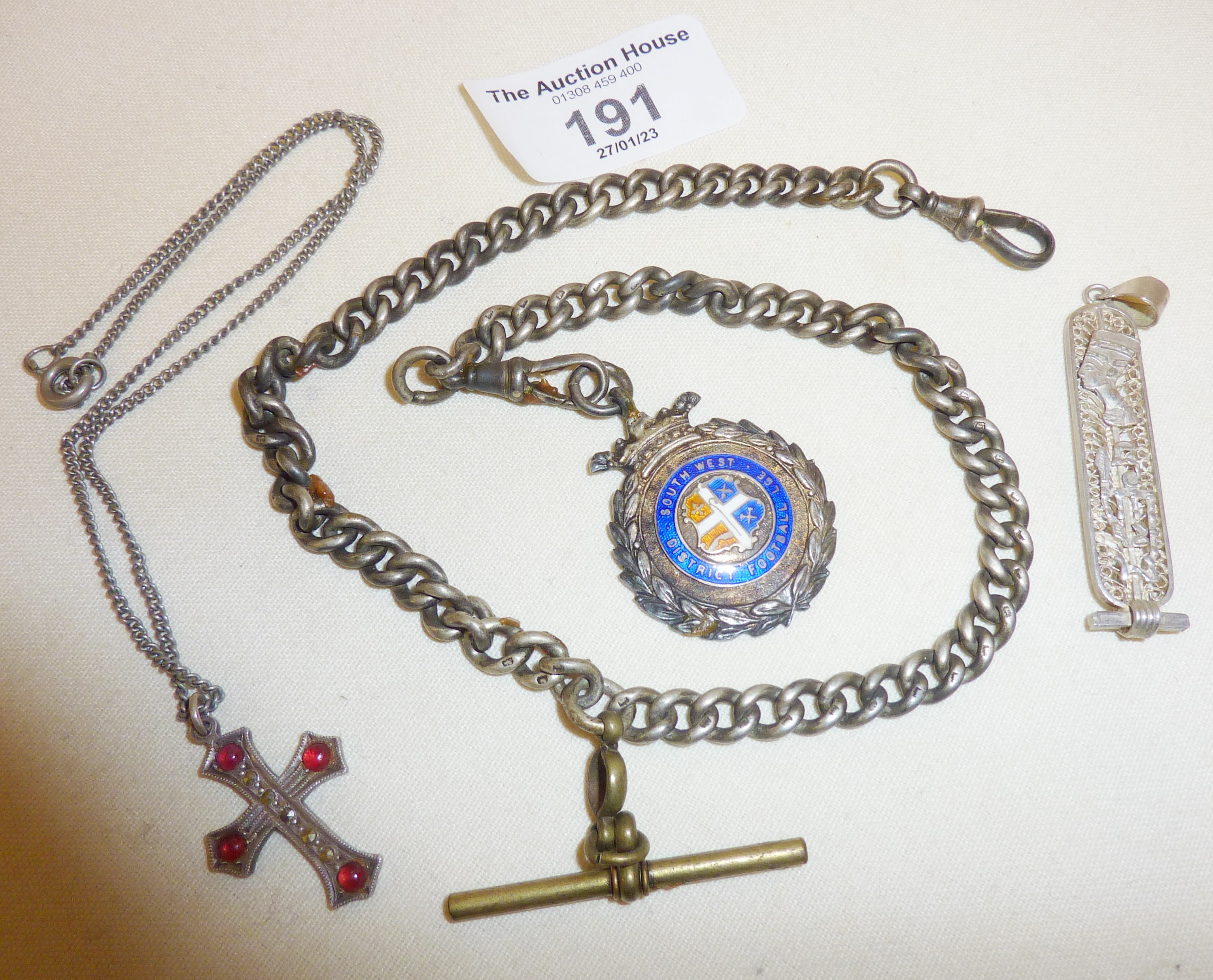 Antique silver pocket watch chain (hallmarked) with enamel silver football fob, Egyptian and cross