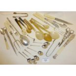 Scottish carved horn spoons, assorted other antique cutlery