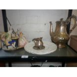 Continental figures group playing chess, two floral plates, a silver plated coffee pot, jug and