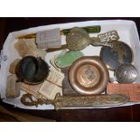 Bus tickets, pub tokens, ornate bronze dagger type letter opener?, rope thickness measuring