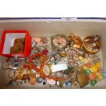 Box of vintage jewellery, stone beads, Egyptian filigree bracelet, Casio digital pendant,