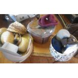Assorted vintage hats and an antique leather top hat box