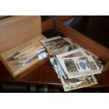 Assorted postcards and a box of lino cutting chisels