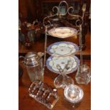 Silver plated triple cakestand with china plates, toast rack and four other items
