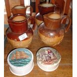 Four various Harvest jugs, together with two pot lids with pots