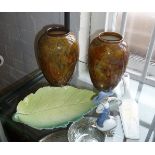 Two Royal Doulton stoneware Art vases, Royal Winton leaf dish and two other items