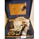 Leather case and contents, vintage jewellery etc.