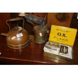 Copper kettle, Primus blow torch and a large tobacco tin containing cigarette cards