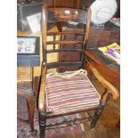 19th c. North Country spindle back farmhouse kitchen armchair with rush seat