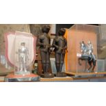 Two Retro Kitsch knights in armour table lamps and two tin suits of armour figures