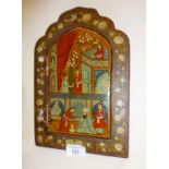 Antique Persian hand-painted wood cased mirror, approx. 27cm high and decorated with flowers and