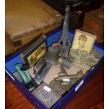 Box of odds, inc. perpetual desk calendar, brass aeroplane model, etc.,