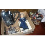 Miscellaneous items, inc. Pifco travelling iron, felt sailor doll, wine stoppers, etc., and a box of