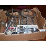 Silver plated decanter or bottle stands, scrap silver candlestick, cased coffee bean spoons,