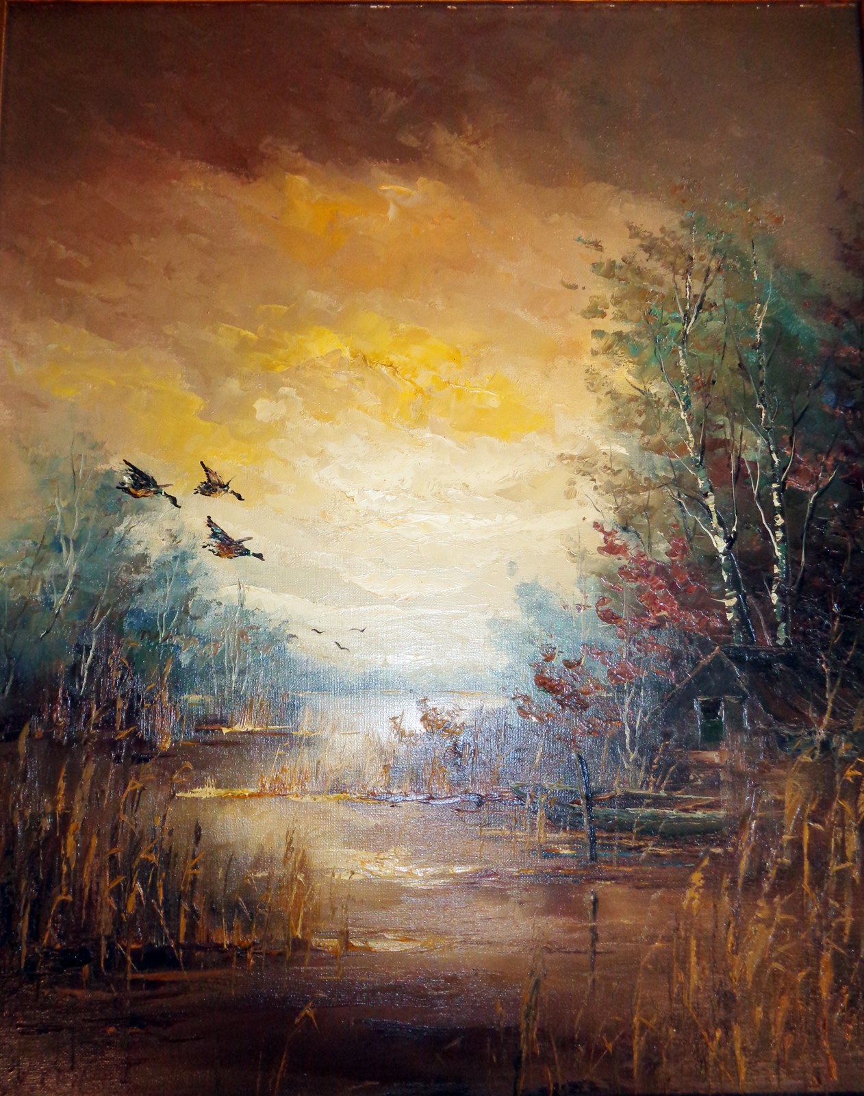 Gerardus Johannes ERNENS (1935) oil on canvas of sunset over a lake with trees and ducks in - Image 2 of 5