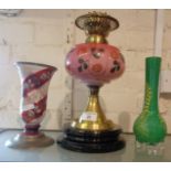 Victorian oil lamp with decorated pink glass reservoir, Bohemian glass vase and an overlay glass