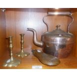 James Dixon & Sons copper powder flask, copper kettle and pair of brass candlesticks