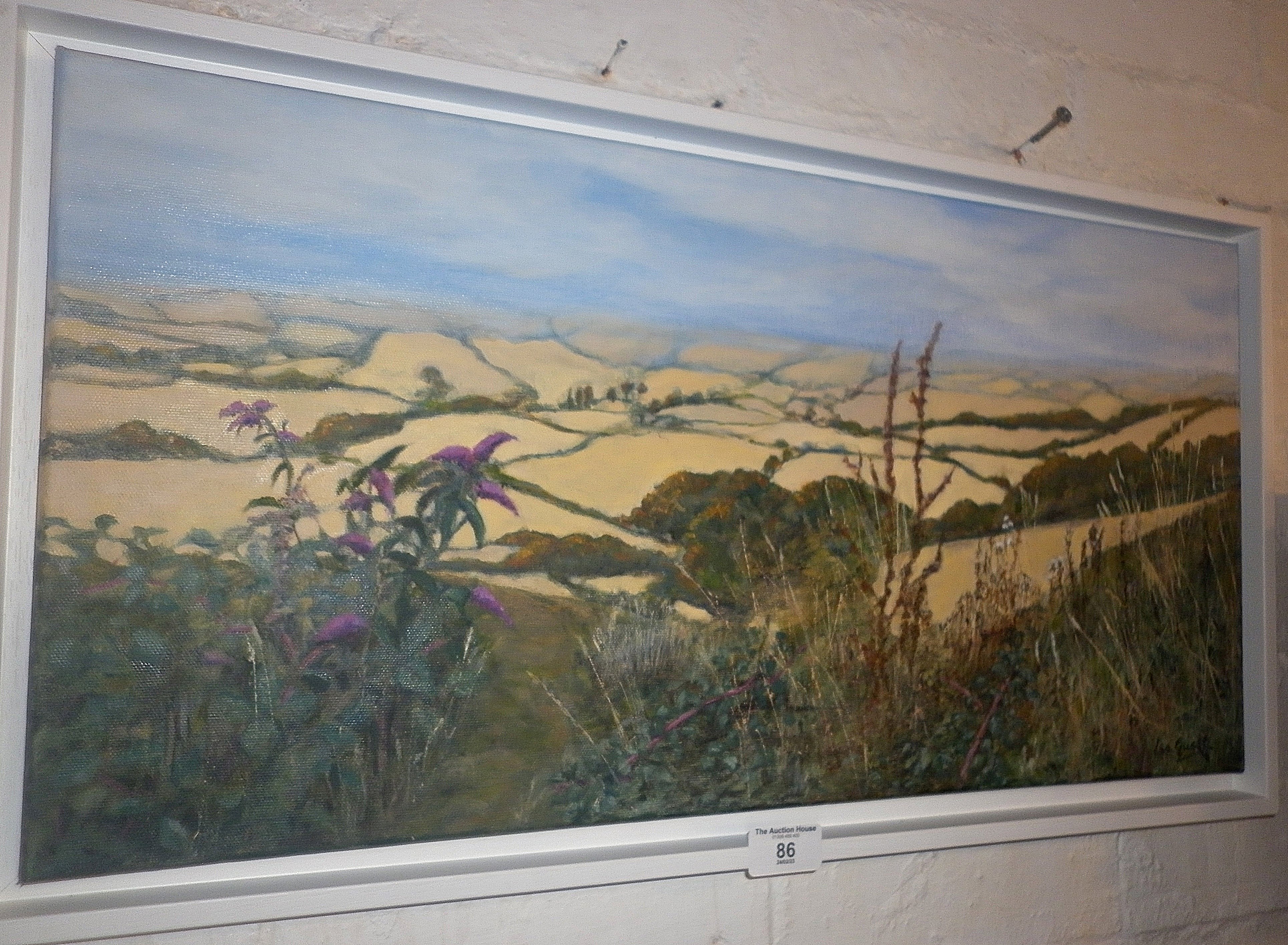 Oil on canvas landscape of the Marshwood Vale by Isa Guest signed, titled verso "Late Summer