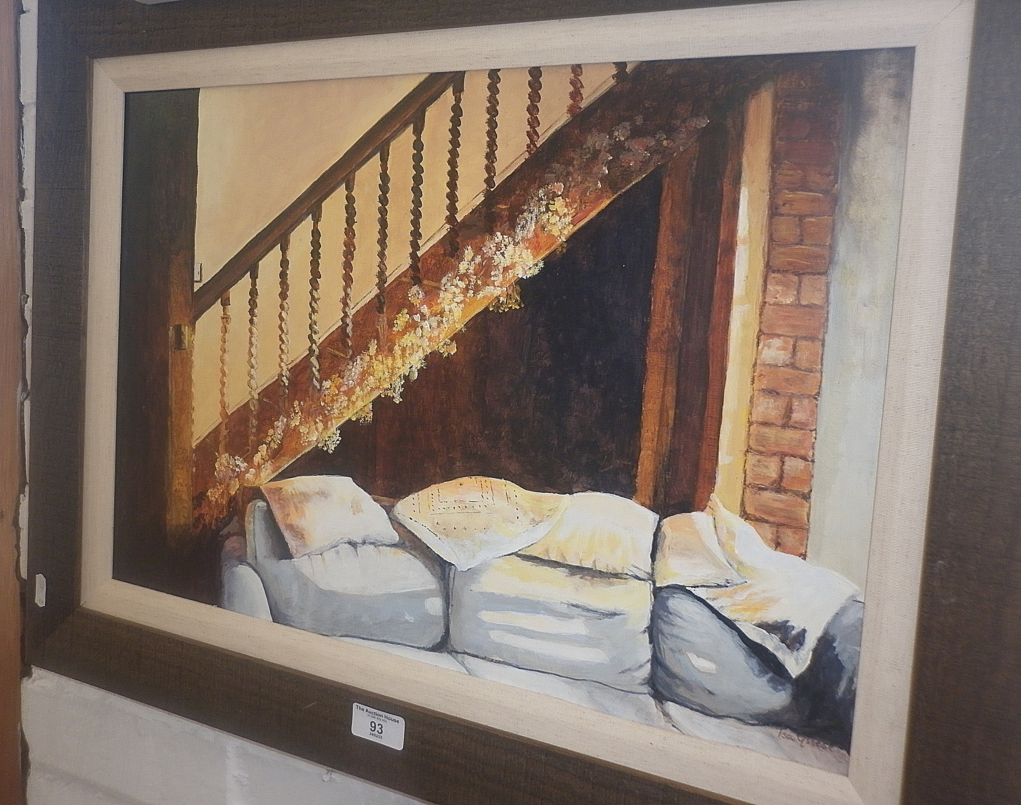 Oil on board of interior scene with sofa and staircase, signed, 21" x 27" inc. frame