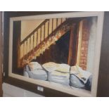 Oil on board of interior scene with sofa and staircase, signed, 21" x 27" inc. frame