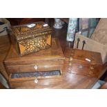 Tunbridge ware type dome topped box, 19th c. cross banded walnut box with drawers and similar