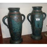 Pair of tall Art Nouveau Cloisonné two-handled vases, 36cms high