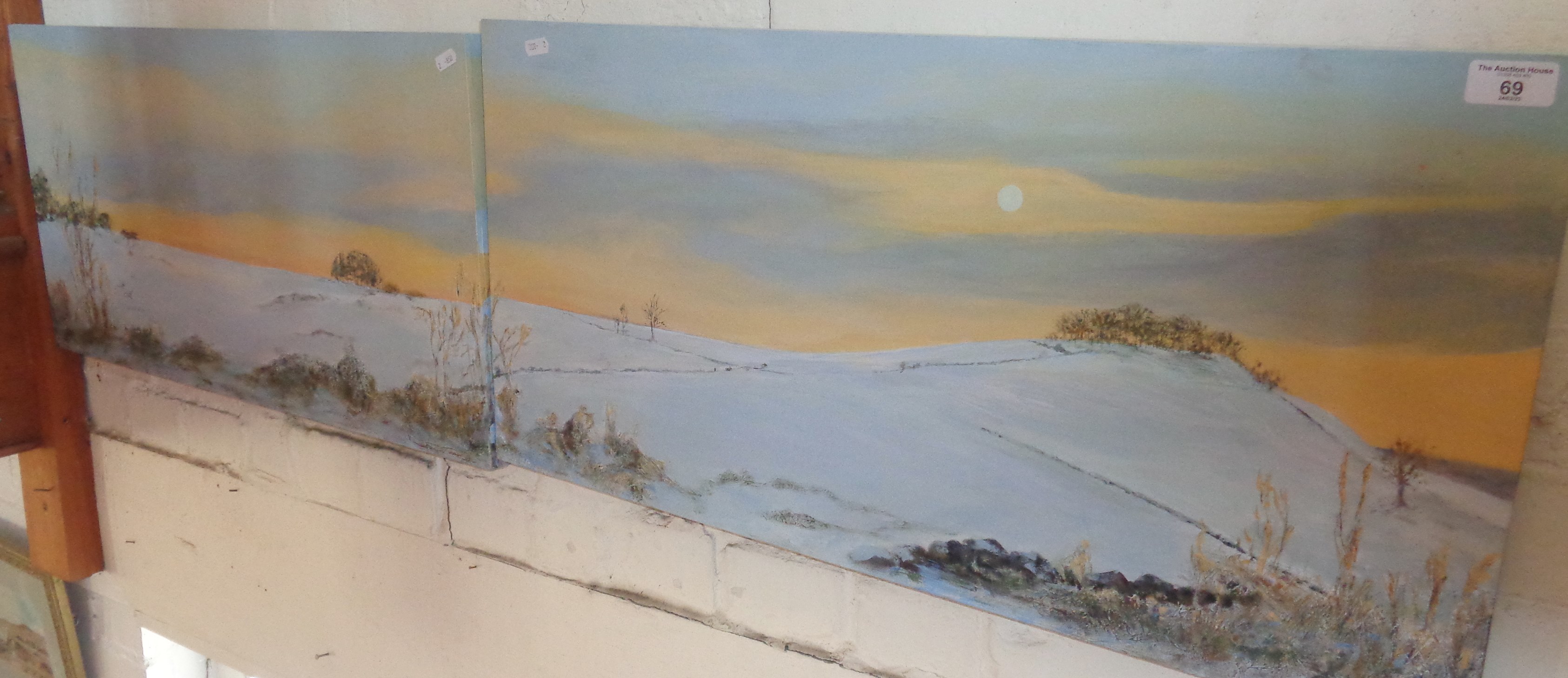 A diptych winter landscape in oils by Isa Guest, 15" x 60" overall