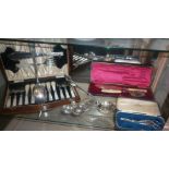 Canteen of fish eaters, case of fish servers, silver plate ladle & serving spoon, grape scissors