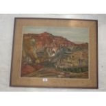 Oil on board of a coal mine landscape by Canadian artist, Lily Arrants, in original 1960s frame