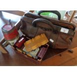 A Gladstone bag, bridge counters and a painted brass barrel