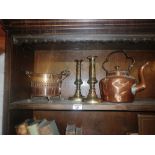 19th c. pair of brass candlesticks, copper kettle and planter? with paw feet