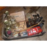 Assorted metalware etc., inc. tin plate car, Victorian equestrian tool kit, scales and other items