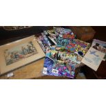 Small quantity of Marvel comics, coloured engraving, two books and album of International Air Liners