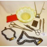 Vaseline glass dish, antique dog collars, grape scissors, bakelite vesta, etc.