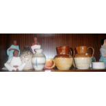 Mexican pottery figures, Doulton stoneware jugs and some Prattware complete pots with lids